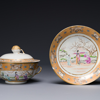 A Chinese Canton famille rose covered bowl and a matching plate, 19th C.