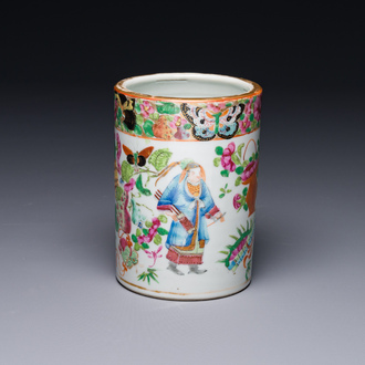 A Chinese Canton famille rose 'Wu Shuang Pu' brush pot, 19th C.