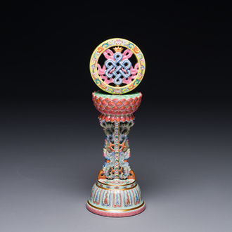 A rare Chinese famille rose Buddhist emblem altar ornament, Qianlong mark and of the period