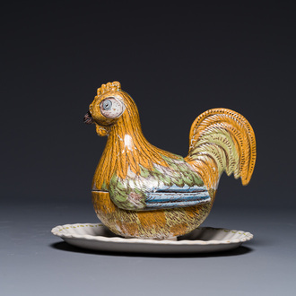 A German polychrome faience rooster-shaped tureen and cover, Abtsbessingen, 18th C.