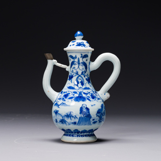 Verseuse couverte en porcelaine de Chine en bleu et blanc à décor d'un pêcheur et un bûcheron, période Transition
