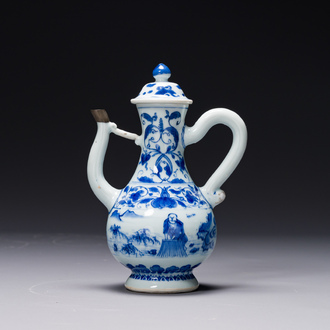 A Chinese blue and white 'fisherman and woodcutter' ewer and cover, Transitional period