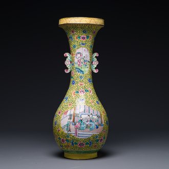 A Chinese Canton enamel yellow-ground vase, 19th C.