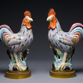 A pair of large Chinese famille rose models of roosters with gilt bronze mounts, Qianlong