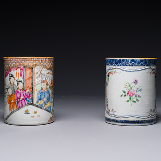 Deux chopes en porcelaine de Chine famille rose à décor figuratif et floral, Qianlong