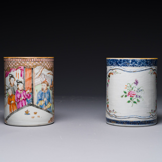 Two Chinese famille rose mugs with figurative and floral decor, Qianlong