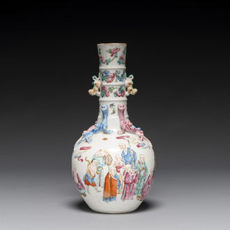 A Chinese famille rose '18 Luohan' bottle vase, 19th C.