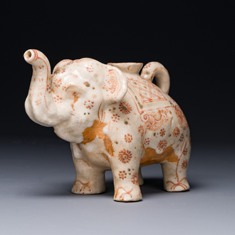 A rare Vietnamese polychrome painted stoneware elephant shaped jug, Lê dynasty, 16th C.