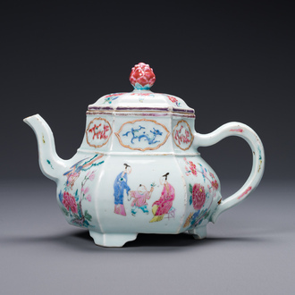 An exceptional large hexagonal Chinese famille rose teapot and cover, Yongzheng