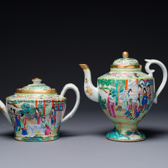 Deux belles théières en porcelaine de Chine famille rose de Canton, 19ème