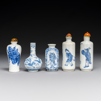 Five various Chinese blue and white snuff bottles, Yongzheng mark, 19/20th