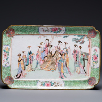 A fine rectangular Chinese Canton enamel ruby-back dish with figural design, Yongzheng