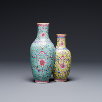 A Chinese famille rose conjoined double-vase with floral design, Qianlong mark, 19th C.