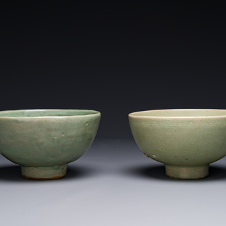 Two rare Chinese Longquan celadon bowls with figural anhua design, Yuan