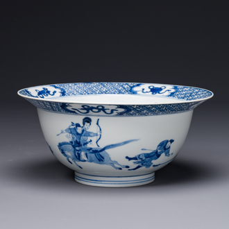 A Chinese blue and white 'klapmuts' bowl with a killing scene, Chenghua mark, Kangxi