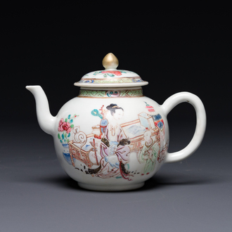 A fine Chinese famille rose teapot with a cat, lady and child, Yongzheng