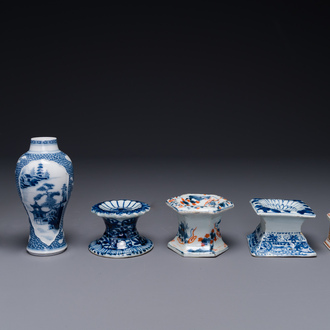 A pair of Chinese blue and white vases and four blue and white, famille rose and Imari-style salts, Kangxi/Qianlong
