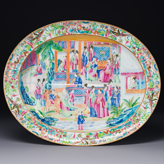 An oval Chinese Canton famille rose dish with narrative design, 19th C.