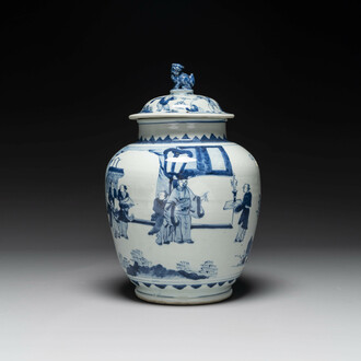 Vase couvert en porcelaine de Chine en bleu et blanc à décor 'Jia Guan Jin Jue 加官晉爵', époque Transition