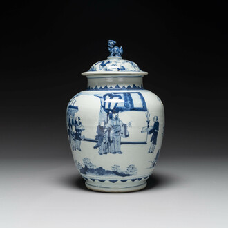 A Chinese blue and white 'Jia Guan Jin Jue 加官晉爵' vase and cover, Transitional period