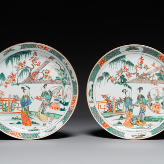 A pair of Chinese famille verte 'Xi Xiang Ji' dishes, Kangxi