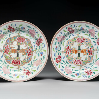 A pair of Chinese famille rose 'Hehe Erxian' dishes, Yongzheng/Qianlong