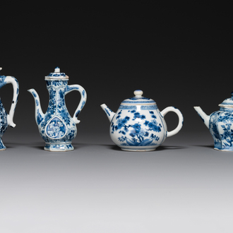 Two Chinese blue and white ewers and two teapots, Kangxi