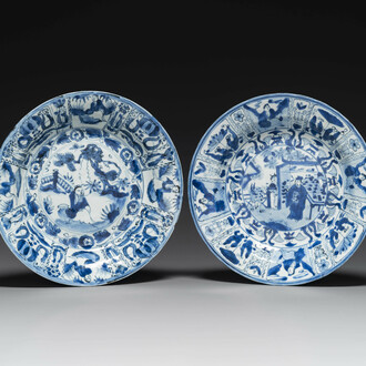 Two Chinese blue and white kraak porcelain dishes with figures, Wanli