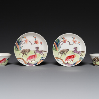 A pair of Chinese famille rose cups and saucers with horses, Yongzheng