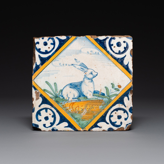 A polychrome Dutch Delft maiolica tile with a hare, ca. 1600