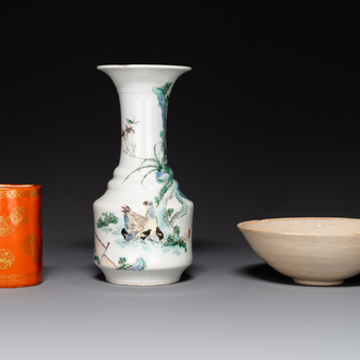 A Chinese gilt-decorated coral-red-glazed brush pot, a famille verte vase and a ding-type bowl, Guangxu mark, Yuan and later