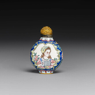 A Chinese Canton enamel 'European scene' snuff bottle, Qianlong mark, 19th C.