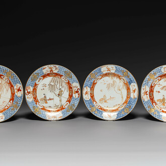 Quatre assiettes en porcelaine de Chine de style Imari à décor 'Xi Xiang Ji', Yongzheng
