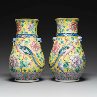 A pair of Chinese famille rose yellow-ground 'hu' vases for the Straits or Peranakan market, 19th C.