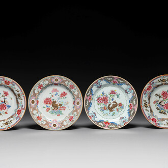 Four Chinese famille rose plates with flowers and animals, Yongzheng/Qianlong