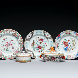 Three Chinese famille rose plates, a butter tub and a tureen and cover, Qianlong