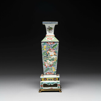 A square Chinese famille rose vase and stand with gilt bronze mount, Yongzheng