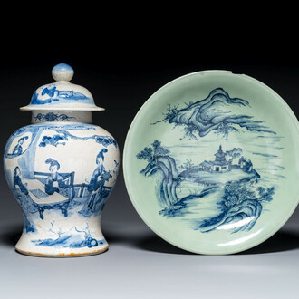 A Chinese celadon-ground blue and white dish and a vase and cover, Chenghua mark, 19th C.