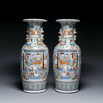 A pair of Chinese famille rose vases with narrative design, 19th C.