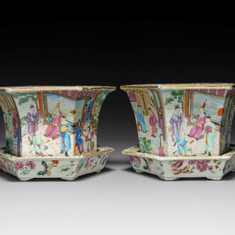 A pair of hexagonal Chinese Canton famille rose jardinieres on stands, 19th C.