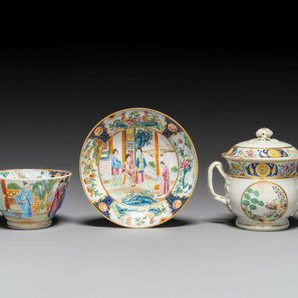 A rare Chinese Canton famille rose covered sugar bowl, a cup and saucer, 19th C.