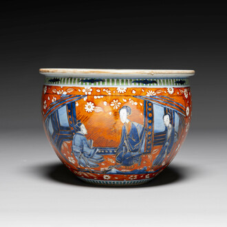A Chinese English-decorated blue and white scroll pot, Kangxi