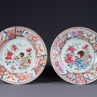 A pair of Chinese famille rose 'rooster' plates, Yongzheng