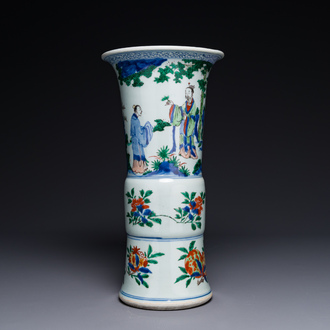 A Chinese wucai 'gu' vase with figurative design, Transitional period