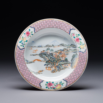 A Chinese famille rose ruby-back eggshell plate with a fine landscape, Yongzheng