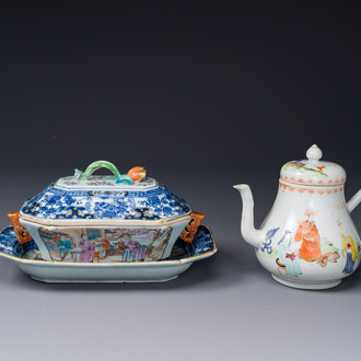 Een Chinese Canton famille rose terrine en deksel op onderschotel met mandarijns decor en een theepot met deksel, Qianlong
