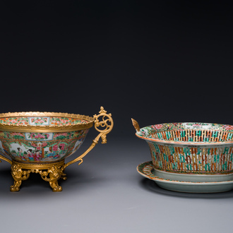 Panier ajouré sur son support en porcelaine de Chine famille rose de Canton et un bol à monture en bronze doré, 19ème