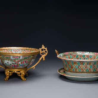 A Chinese Canton famille rose reticulated basket on stand and a bowl with gilt bronze mounts, 19th C.