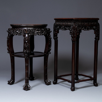 Two Chinese carved wooden stands with marble tops, 19th C.