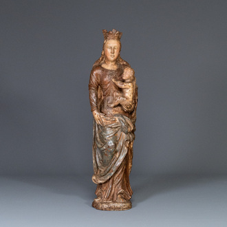 Figure de Vierge à l'Enfant en chêne sculpté polychrome, France, 2ère moitié du 16ème